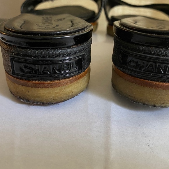 Chanel black canvas leather sandals mules heels slides 37-6.5 slip on in flats - Picture 7 of 10